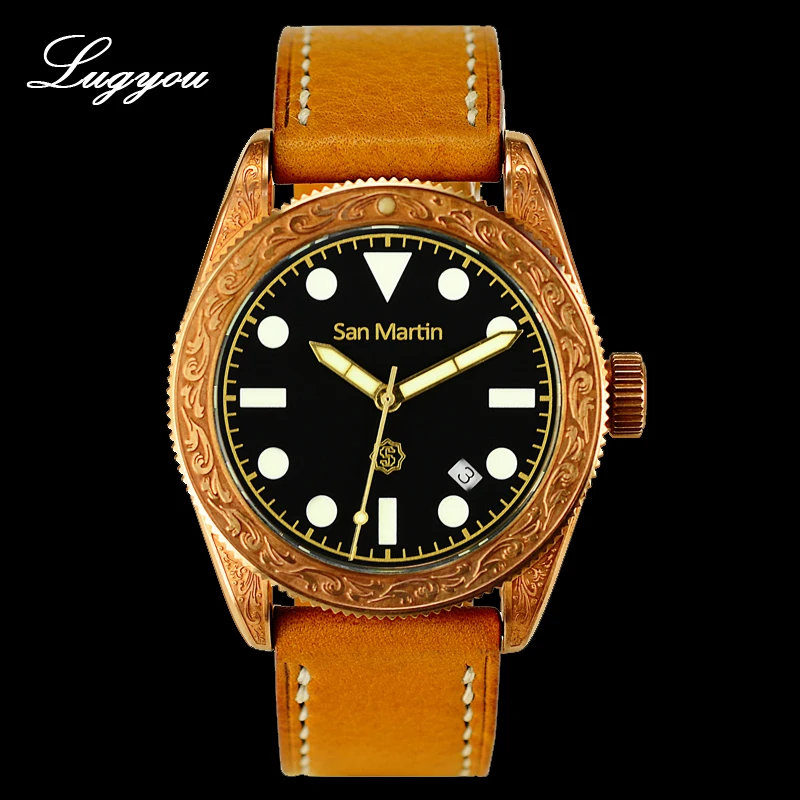 

Lugyou San Martin Vintage Bronze Automatic Watch Unisex Carved Traditional Pattern Leather Strap SLN Glow Sapphire Gradual Dial