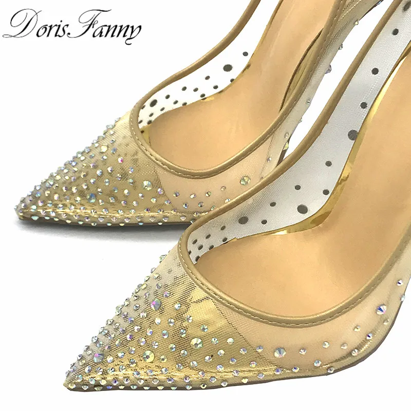 DorisFanny/Стразы пикантная женская обувь с красным низом на Обувь на высоком каблуке женские туфли-лодочки на высоком каблуке 12 см большие размеры золотыми кристаллами вечерние свадебные туфли женские туфли-лодочки
