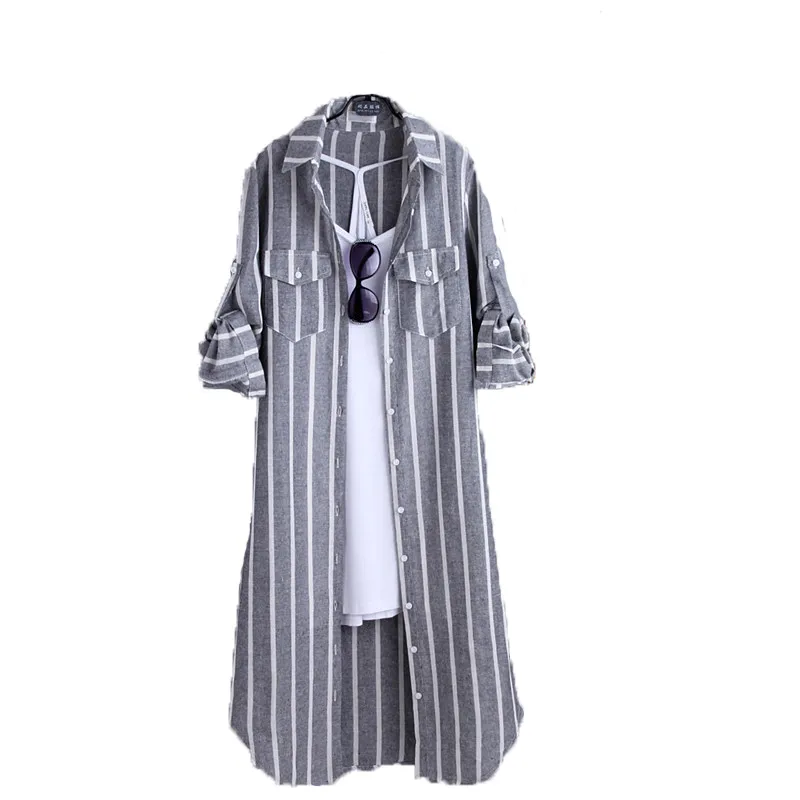 

2018 summer women long striped shirt loose long-sleeve button loose all-match blouse tops