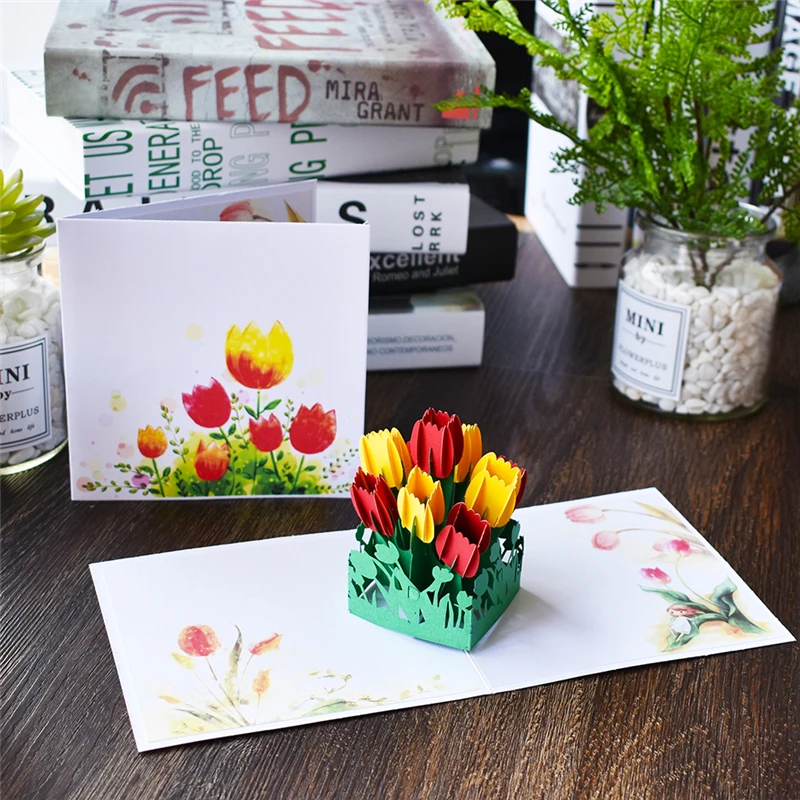 Tulip 3D Pop UP Card Flower Gift with envelope stickers Bridal shower laser cut invitation wedding  - 32893651392