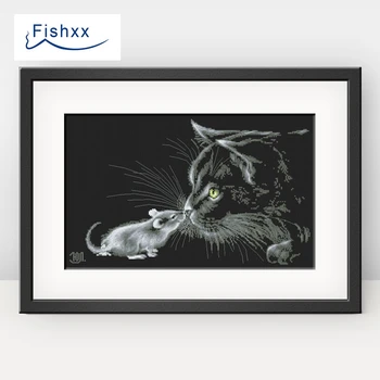

Fishxx Cross Stitch Kit Small Animal Cat and Mouse 14ct Black Cloth D589 Hand Embroidery Home Cartoon