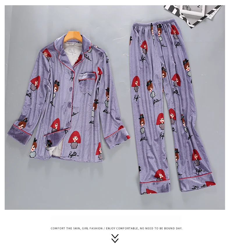 Женская милая Пижама, комплект для девочек, милая одежда для сна, комплект из 2 предметов, пижама с принтом, Женская велюровая Пижама, комплект теплой одежды для сна на зиму и осень