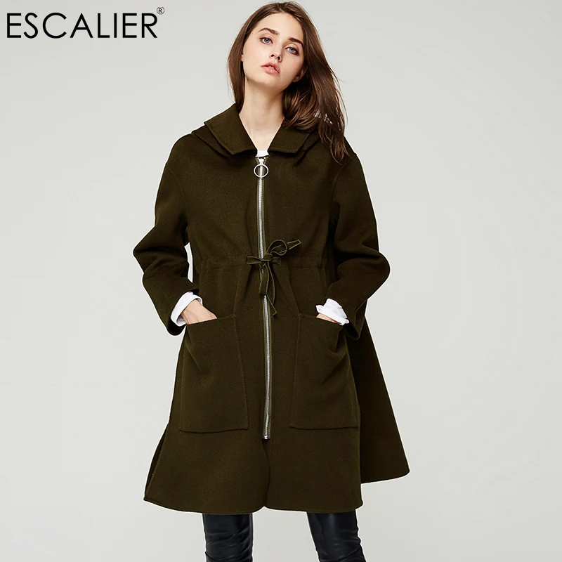 

ESCALIER Women Warm 100% Wool Coat 2017 High Street Style Belt Long Sleeve Casual Outerwear Coats Winter Hooded Overcoat Jackets