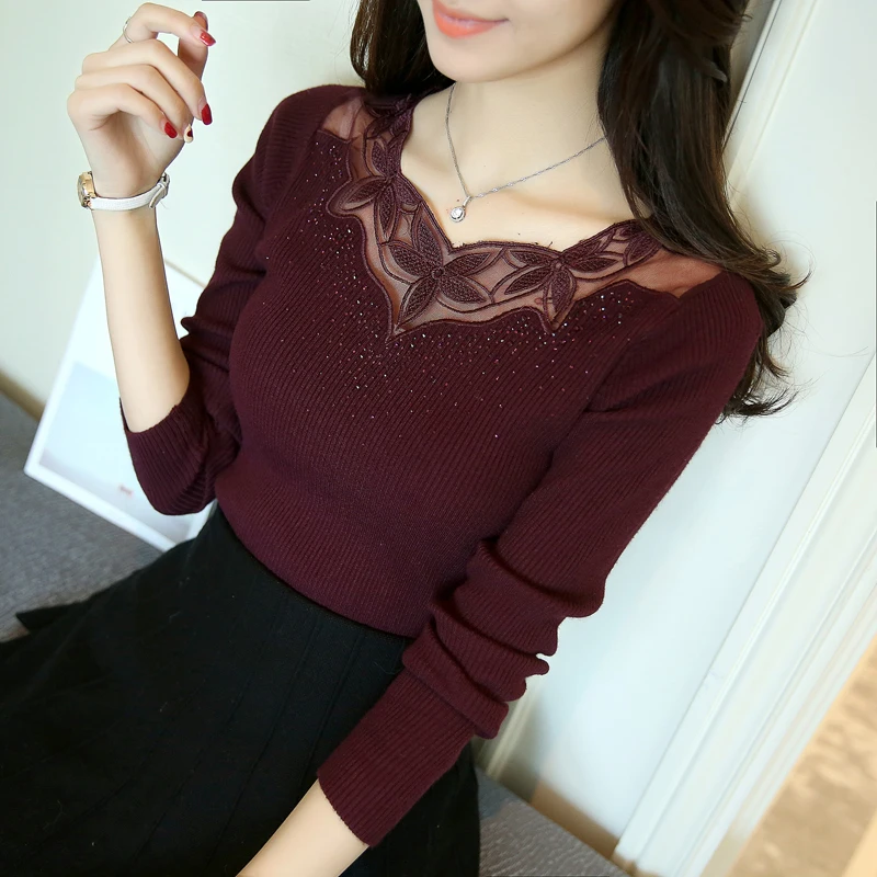 

Low collar sexy lace long sweater sets women cultivate one's morality show thin tight knit long-sleeve thin model