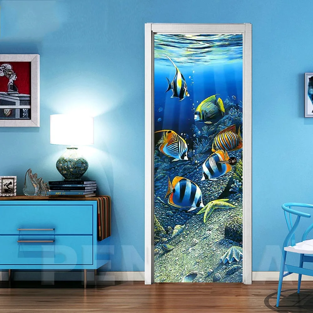 Online 3D Selbst Klebe Wand Kunst Aufkleber Auf Fisch Bottom Welt Tür Neue Aufkleber Für Home Tür Dekoration Renovierung Drucken Leinwand bild