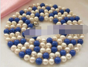 

Fast shupping 08150 stunning classic 7mm white freshwater pearls blue lapis lazuli necklace AAA
