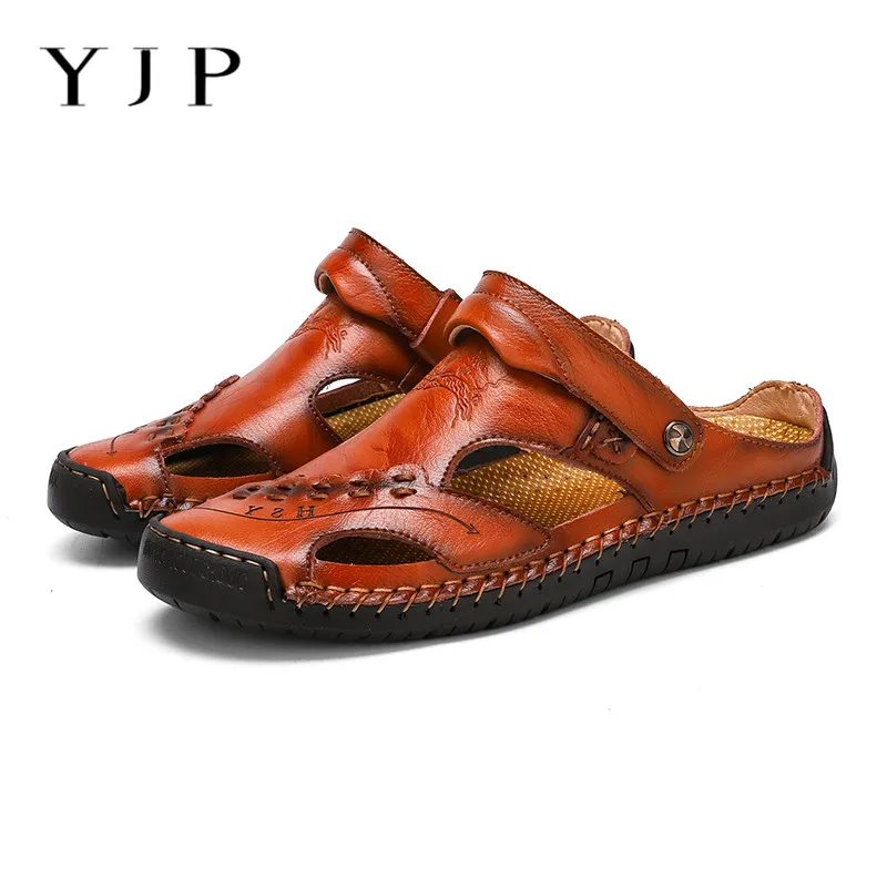 

YJP 2019 Men's Summer Hand Stitching Shoes Closed Toe Comfy Genuine Leather Sandals Beach Sandals Casual Hiking Beach Sneakers