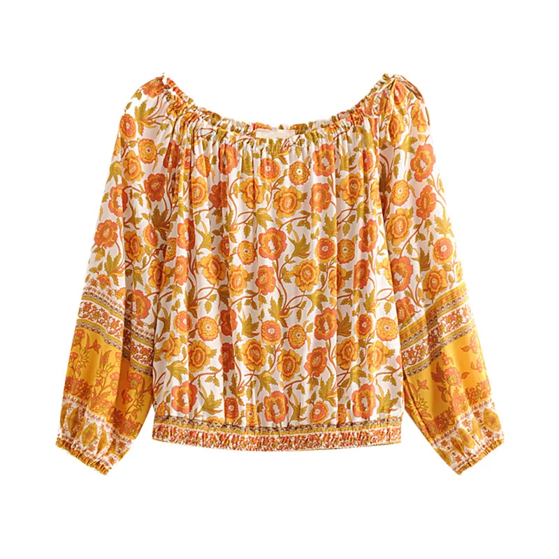 الغجر بوهو شيك الصيف قبالة الكتف قصيرة قمم خمر الأزهار طباعة البلوزات أزياء المرأة مائل الرقبة الشاطئ قمصان Blusas موهير