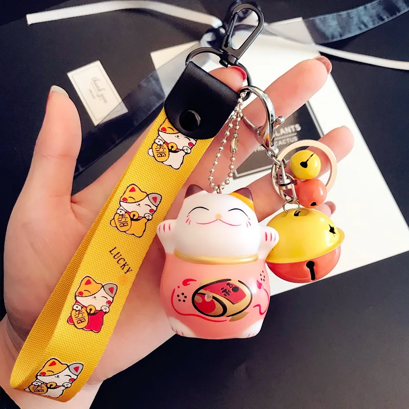 Cartoon Cute Animal Smile Face Lucky Cat Keychain Braid Belt Bells Key Ring Women Car Bag Charm Key Chains Pendant Trinkets Gift - Цвет: K4