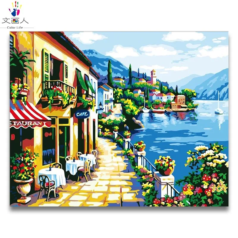 

seaside coffee shop European building painting by numbers with kits on canvas drawing for coloring by numbers living room decor
