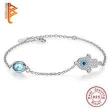 Wholesale Trendy 925 Sterling Silver Hamsa Hand Blue Crystal Pendant Bracelet for Women Party Wedding Jewelry Accessories