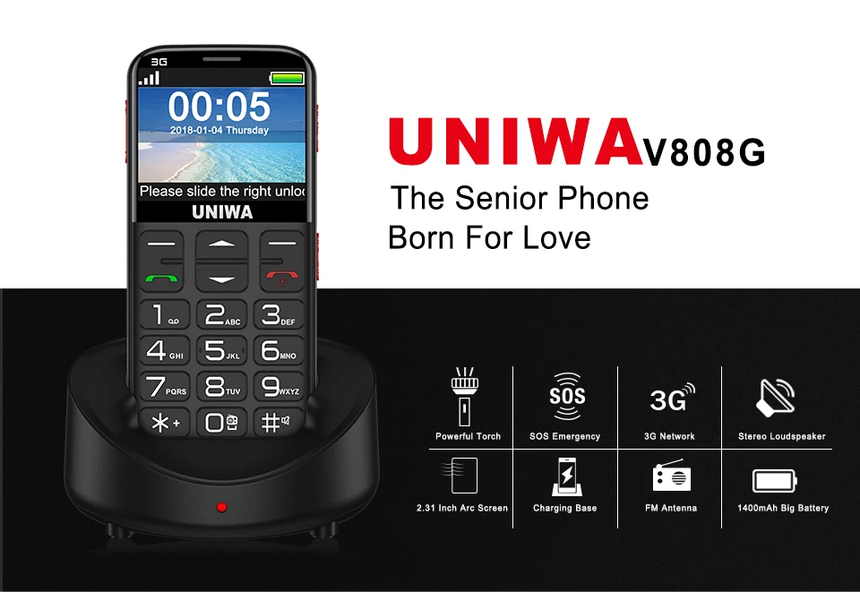 UNIWA V808G, мобильный телефон, 3g, WCAMA, кнопка SOS, 1400 мА/ч, 2,31 дюймовый экран, для пожилых людей, мобильный телефон, фонарик, фонарь, сотовый телефон для пожилых людей