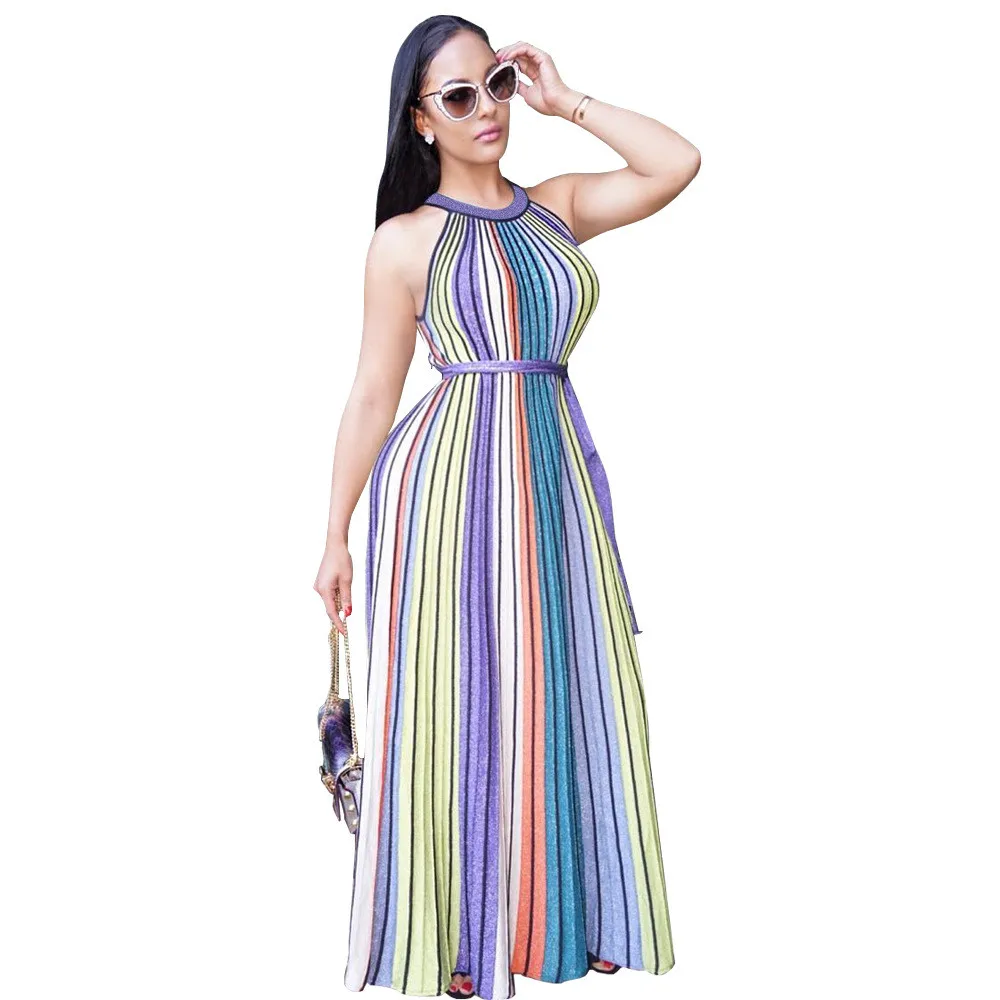 

IDress 2017 Dress with Belt Women Summer Sleeveless Stripe Print Long Dress Sexy Beach Loose Dresses Casual Maxi Dress Vestidos