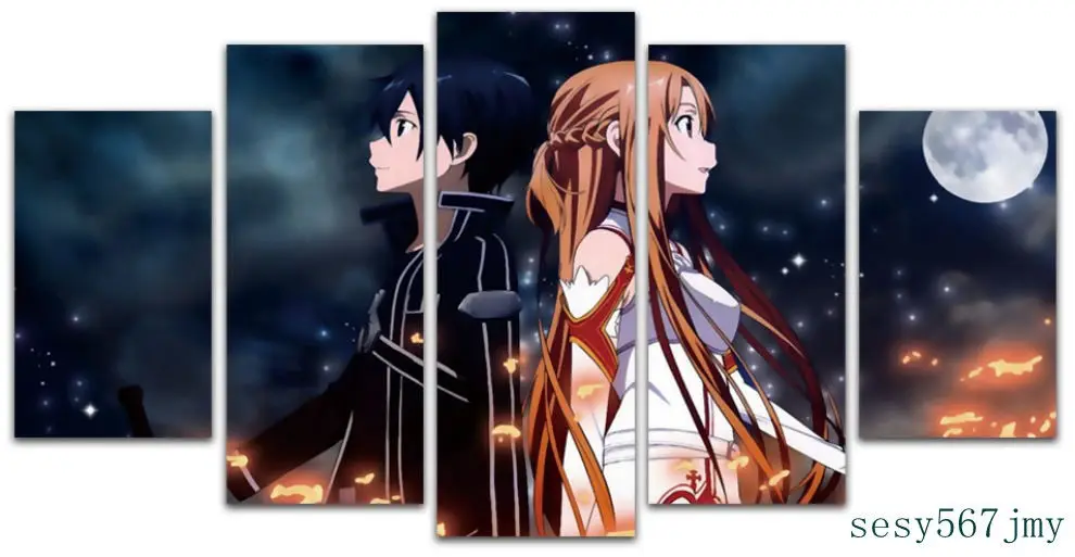 

Large Anime Sword Art Online Kirito +Yuuki Framed canvas decoration 5 pieces
