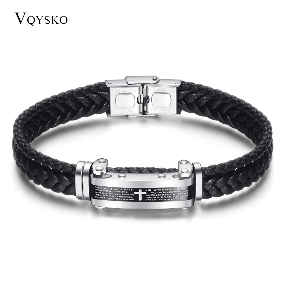 

New HOT Fashion Jewelry unique Design braid Wristband Cross Stainless Steel Leather Bracelet Bangle for Men
