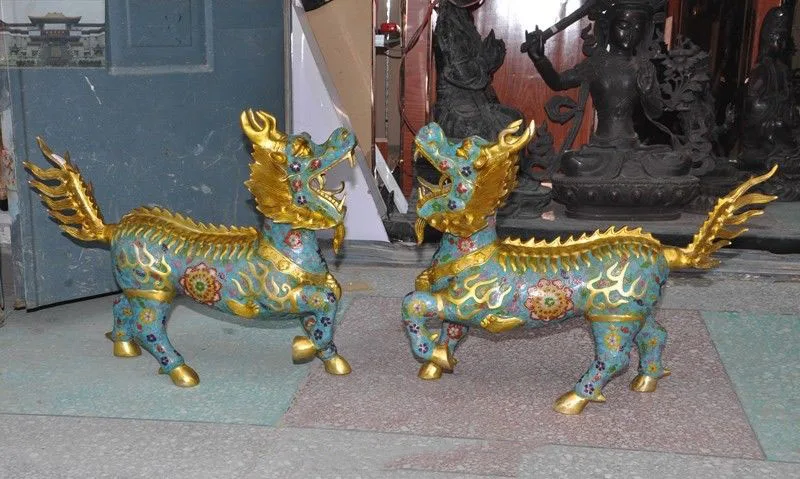 

christmas Chinese Fengshui Bronze Cloisonne Enamel kylin Kirin Chi-Lin Qilin Animal Statue New Year