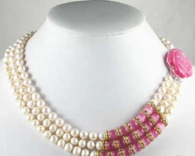 

Jewelr 004455 3 Rows Genuine White Pearl Pink Opal Rose Flower Clasp Crystal Necklace