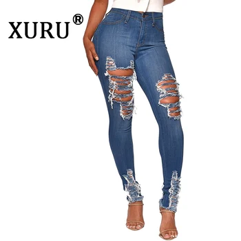 

XURU 2019 autumn new women's hot sale hole washed jeans sexy pants feet pencil jeans trousers