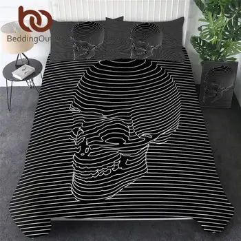 

BeddingOutlet Skull Comforter Cover for Adult Stripes Bedding Set Gothic Home Textiles Black White Lines Art Bedclothes 3-Piece