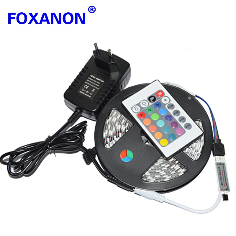 Foxanon бренд 5050 RGB Светодиодная лента 5 м 60 штук 300LED гибкий свет + 12В 2А 24 Вт адаптер