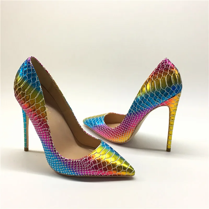 Брендовая красочная змея на высоком каблуке 12 см с острым носком пикантная женская обувь на платформе вечерние туфли