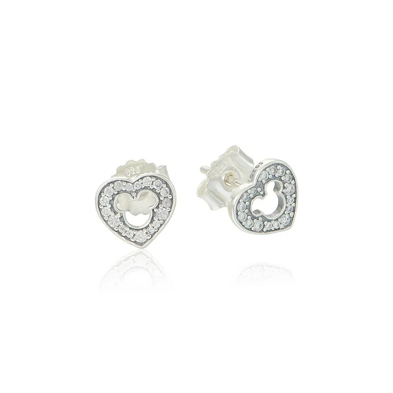 

925 Sterling Silver Earrings for Women Clear CZ Openwork Mouse Crystal Heart Stud Earrings Girls Party Jewelry Silver Earrings
