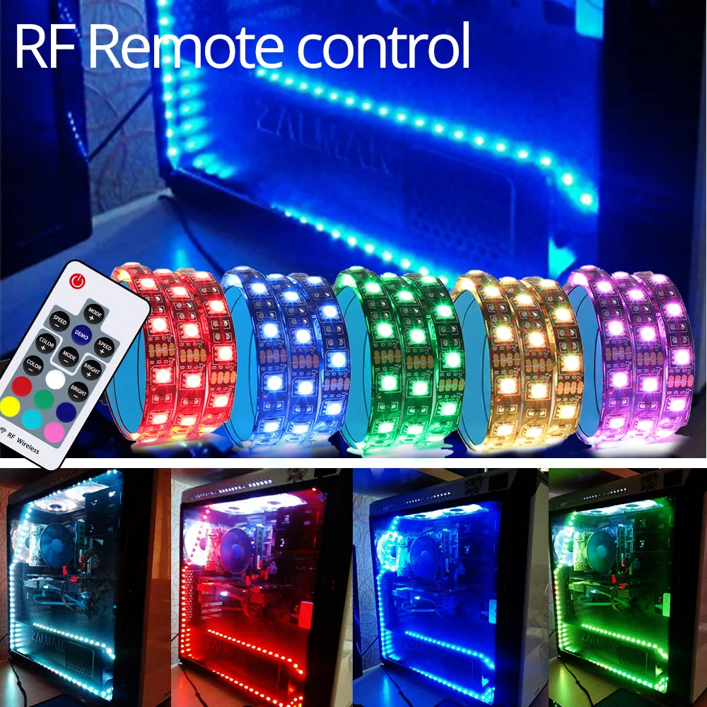 DC12V 5050 RGB LED قطاع ضوء كامل كيت للكمبيوتر وحدة معالجة خارجية للحاسوب ، SATA إمدادات الطاقة ، RF التحكم عن بعد ، LED قطاع RGB 50/100/150/200 سنتيمتر