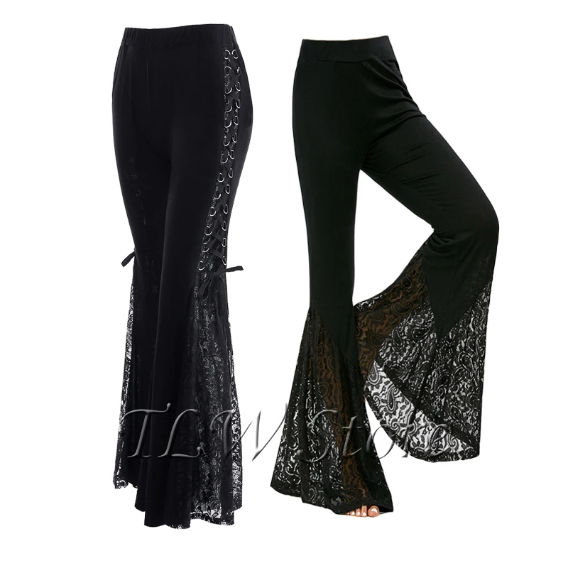 

Gothic Lace Flare Pants Lace Up Patchwork Slim Trousers Fashion Bandage Side See Through Europe Style Casual Bellbottoms Women