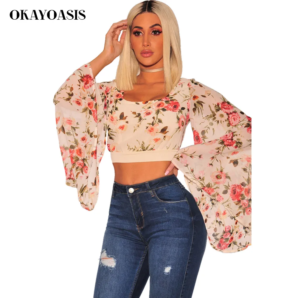 

OKAYOASIS 2018 New Summer Autumn Blouse Women Tops Floral Print Shirts Elegant Long Flare Sleeves Chiffon Blusas Femininas