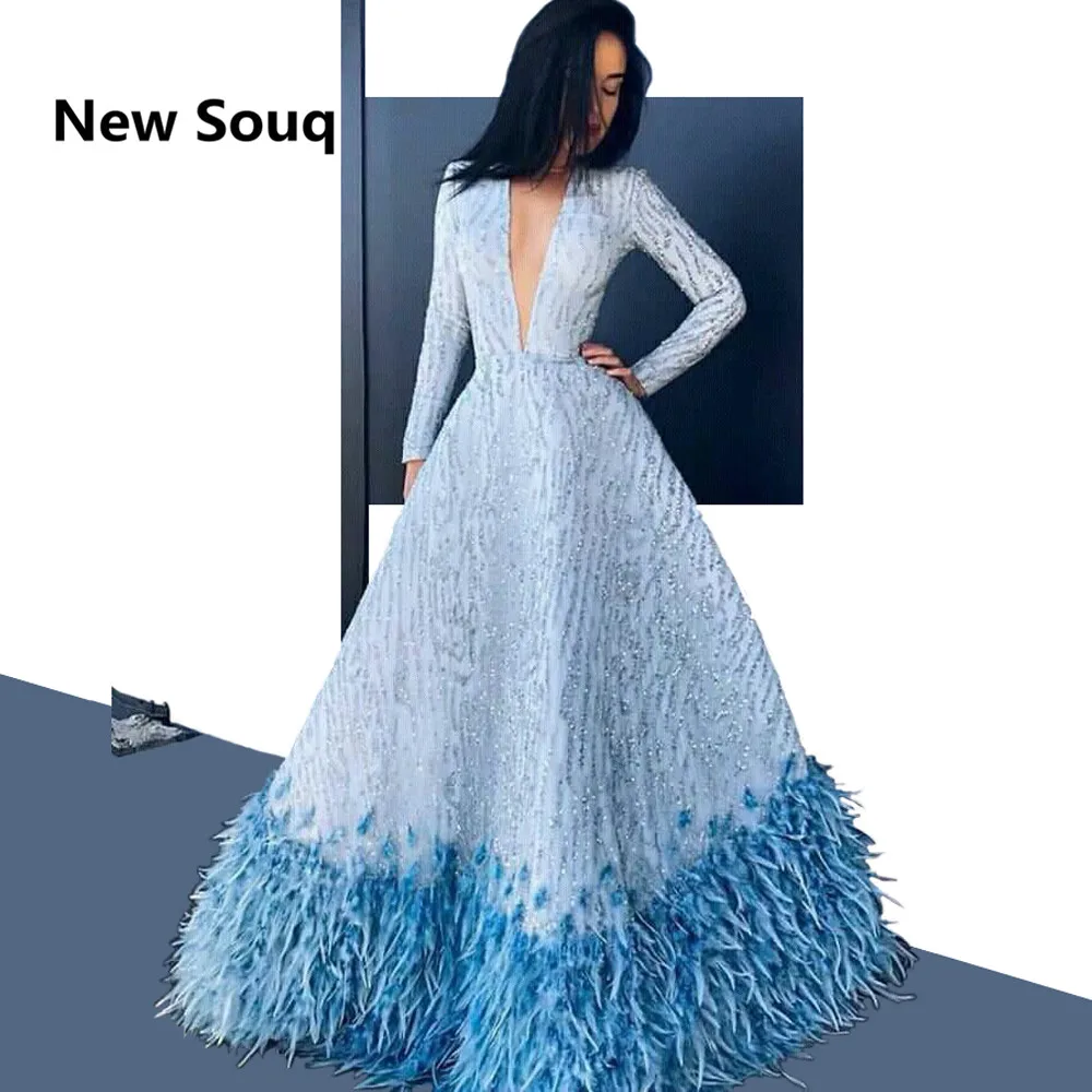 

Light Blue Sequin Beaded Evening Dresses With Feather Plunging Neckline Long Sleeves A-Line Evening Gowns Party Prom Dress