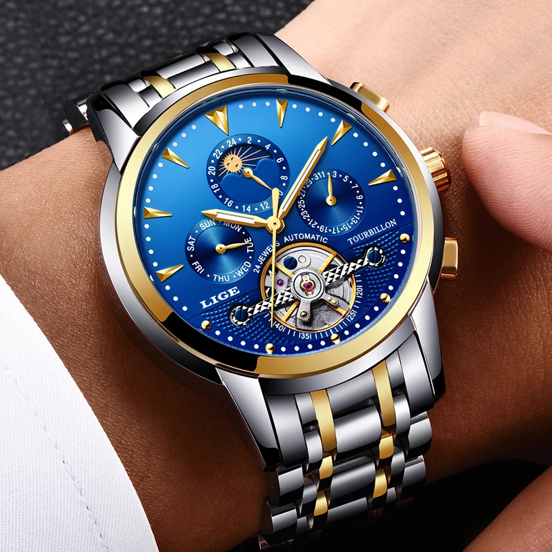 Часы наручные LIGE Мужские механические брендовые Роскошные автоматические