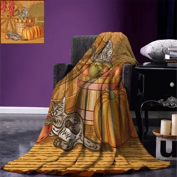 

Harvest Throw Blanket Retro Barn with Two Kittens Pumpkins Dried Peppers Apples in Basket Wheat Warm Microfiber Blanket