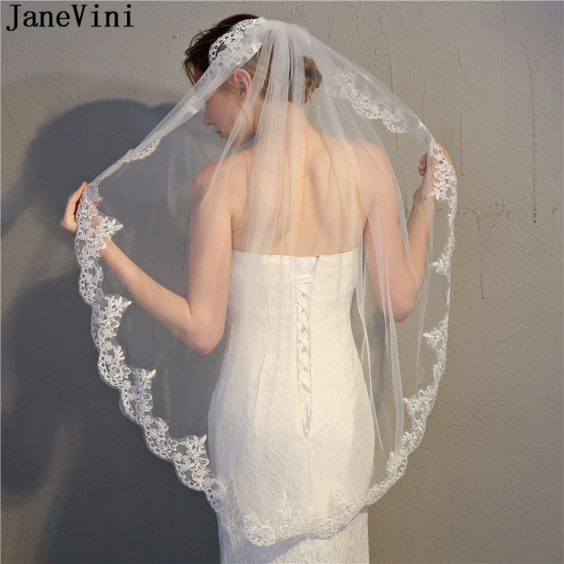 JaneVini Винтаж цвета слоновой кости/белая свадебная вуаль с расческой один Слои Тюль Для женщин короткая свадебная вуаль кружева аппликация