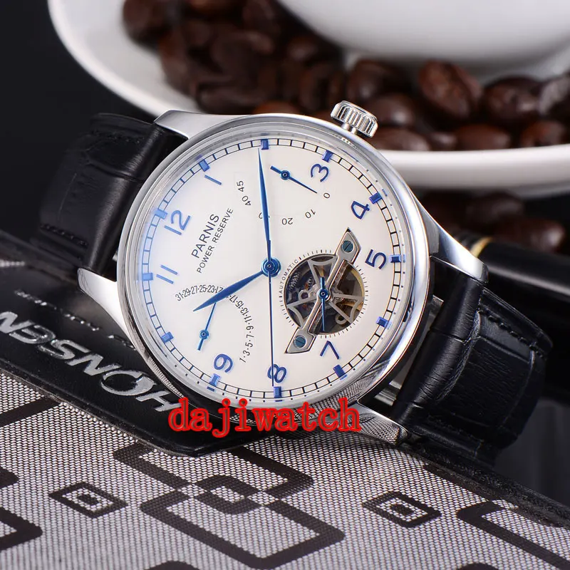 43 мм часы Parnis белый циферблат запаса хода указатель Чайка 2505 автоматические механические мужские часы