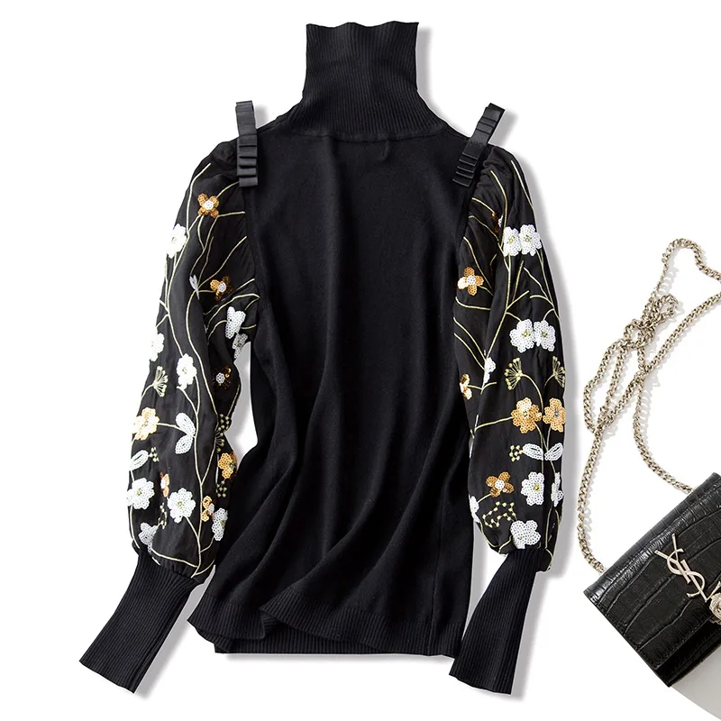 2018 new wool elastic turtle neck embroidery lantern sleeve sweater high quality office lady women autumn pullover sweater