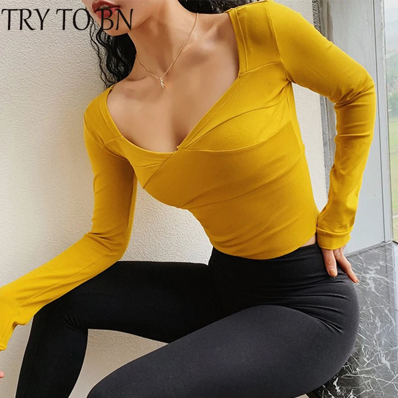

TRY TO BN Women Tshirt Open Back Sexy High Elasticity Camisas Mujer Quick Drying Breathable Leisure Workout Fitness Top Female
