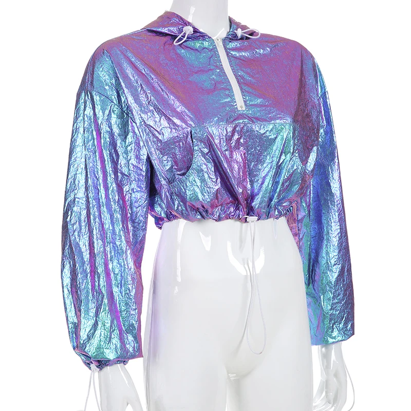 Sweetown Reflective Sparkling Crop Oversized Hoodies Women Streetwear Punk Style Long Sleeve Bomber