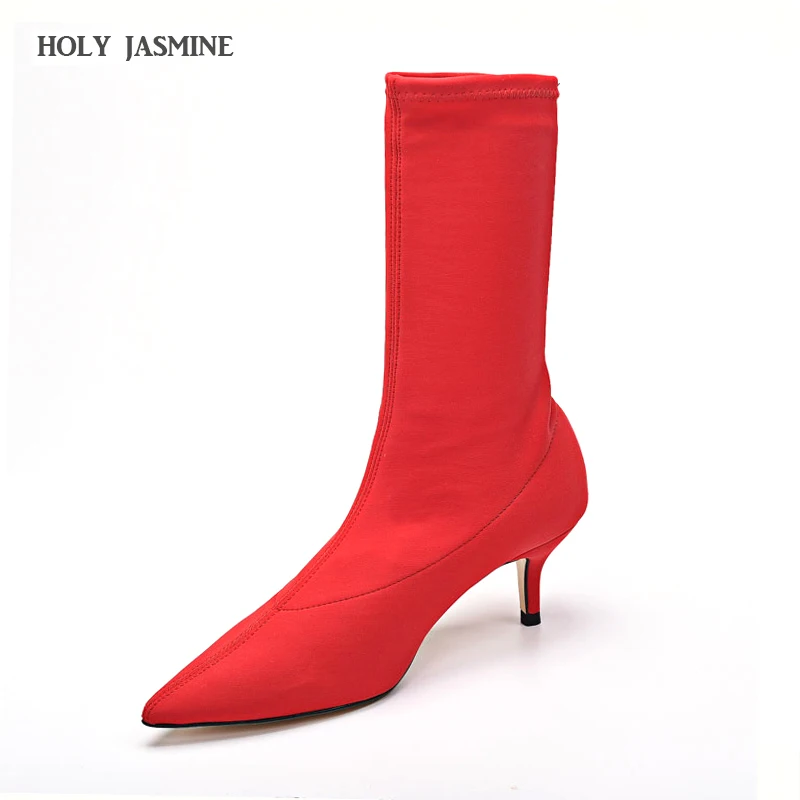 2018 Autumn Women Sock Boots Stretch Fabric Slip On 6.5CM High Heels Pointed Toe Ankle Boots Women Pumps Stiletto Ladies Shoes
