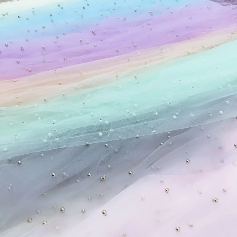 

Width 70X100CM Pearls Tulle Fabric Sequin Mesh for Party Stage Wedding Dress Skirts Decoration Organza Colorful Fabrics