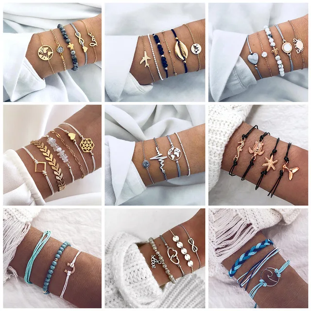 

3-6Pcs/Set Fashion Punk Gold Chain Aircraft Leaf Crystal Open wrap Bracelet Set Women Charm Beach Jewelry Drop Shipping