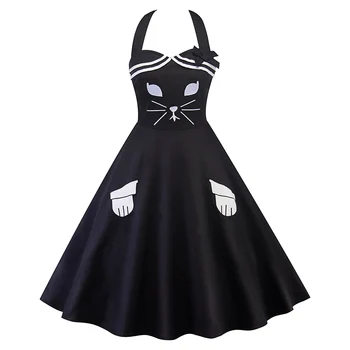 

Goth Halter Swing Dress Women Black Summer Backless Sexy Vestidos Sling Print Slim Robe Nice Evening Expansion Party Dresses