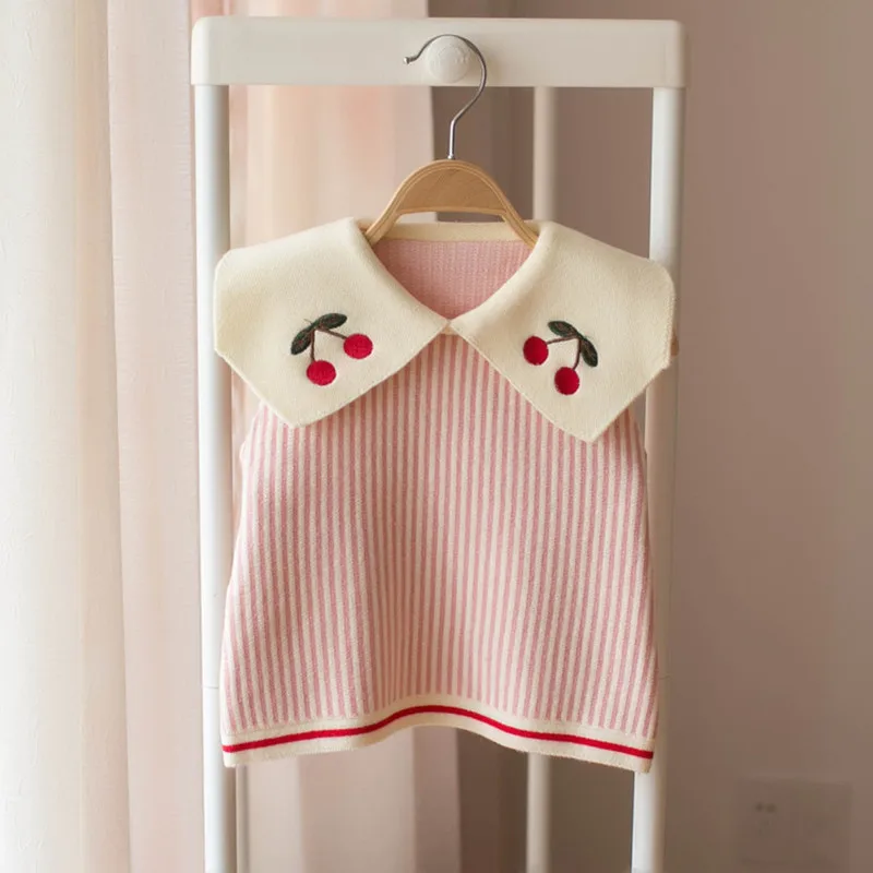 

new Spring Toddler Kids Striped Waistcoats Cherry Embroidery Baby Girls Knitted Vests Children Clothes Cute Pullover Tops