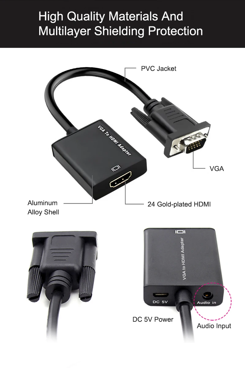 EGRINCY VGA конвертер HDMI кабель с 3,5 мм аудио Мощность Порты и разъёмы адаптер HDMI VGA 1080 P для Xbox 360 PS3 проектор для ноутбука HDTV