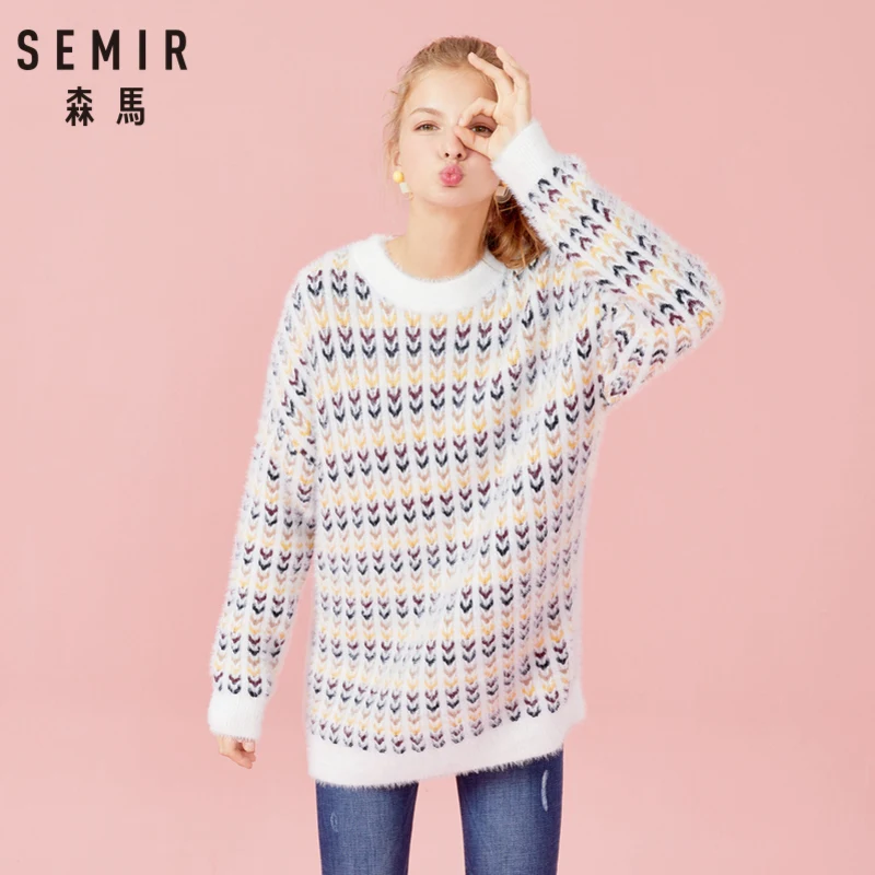 

SEMIR Women Oversized Fluffy Rib Knit Sweater with Contrasted Trim Long Dropped Shoulder Pull-over Sweater Relax Fit for Winter