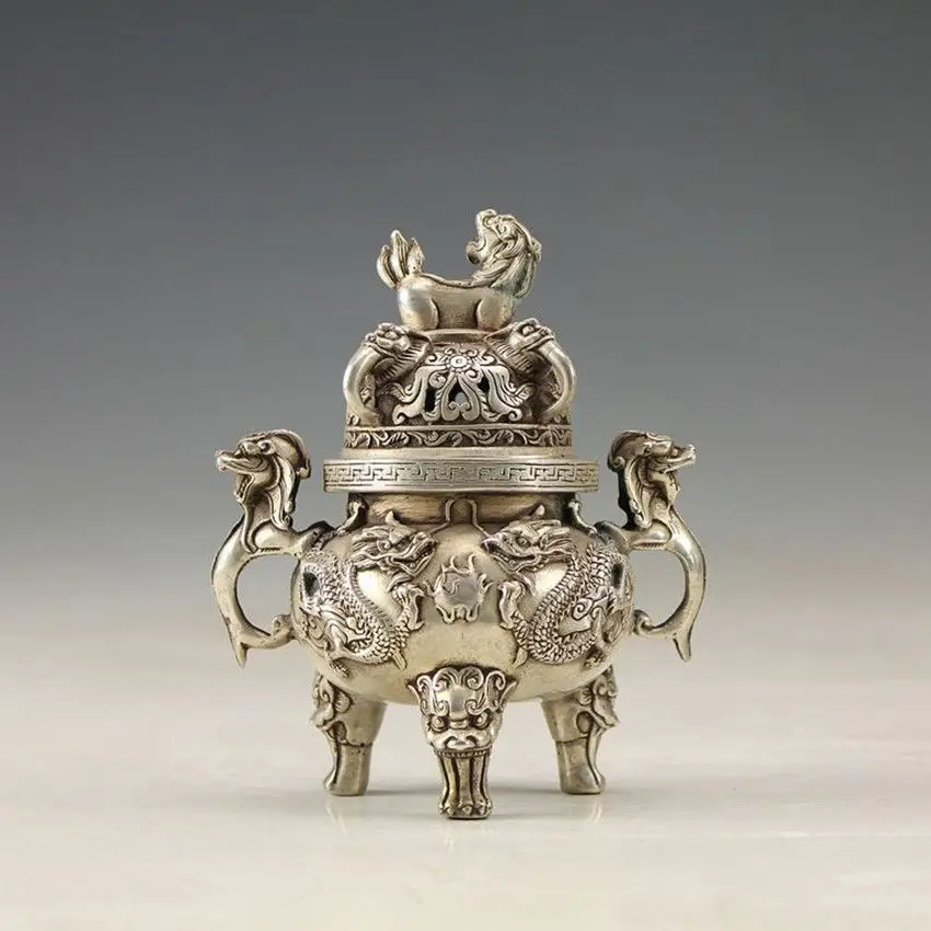 

2018 Details about Oriental Vintage Silver Bronze Handwork Dragon Incense Burner