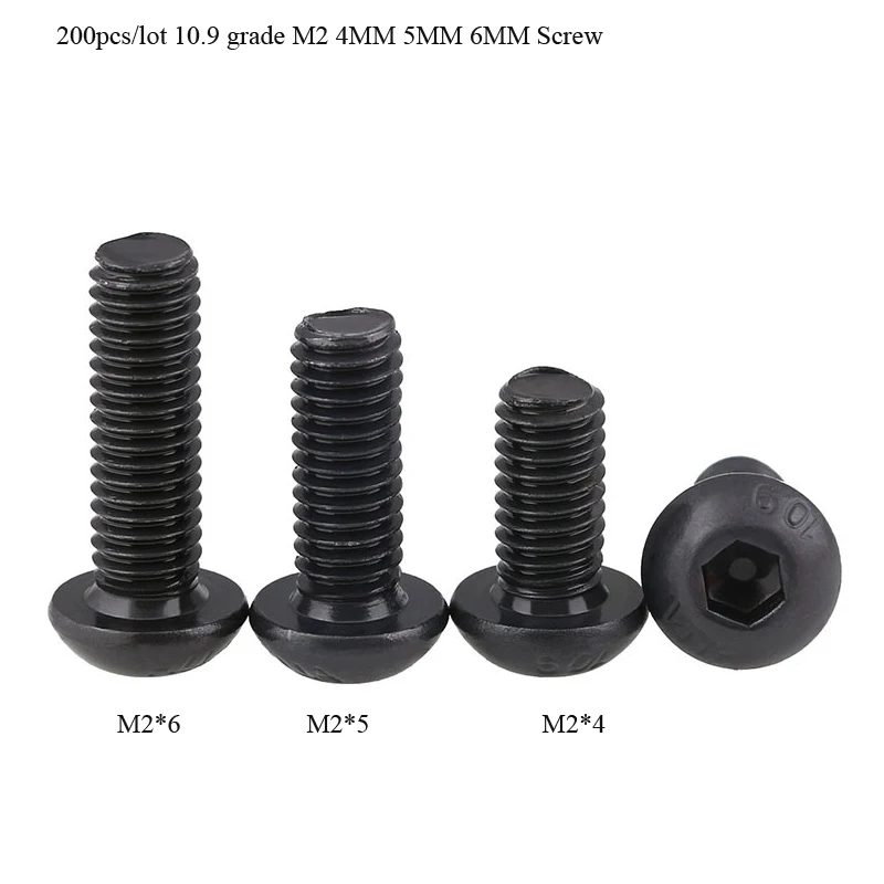 200 шт./лот 10 9 класса M2 * 4 5 6 8 мм винт черный Шестигранная круглая кнопка