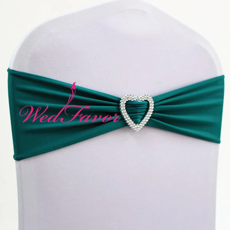 

100pcs Teal Lycra Spandex Wedding Chair Sash Bands With Heart Buckle Elastic Stretch Chair Bow Ties For Banquet Hotel Decoration