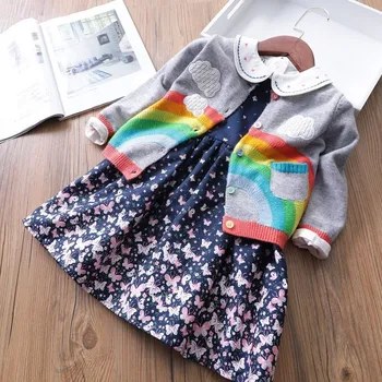 

Spring Autumn Baby Knit Cardigan Cloud Rainbow Pattern Girls Sweater Fashion Cotton Pocket 2 3 4 5 6 7 Y Toddler Girl Clothing