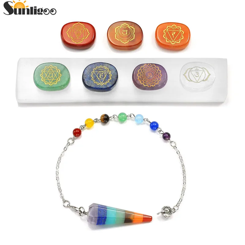 

Sunligoo 7 Chakra Natural Polished Stones Chakra Symbols, 7 Chakra Dowsing Pendulum, Selenite Crystal Sticks,Crystal Healing Kit