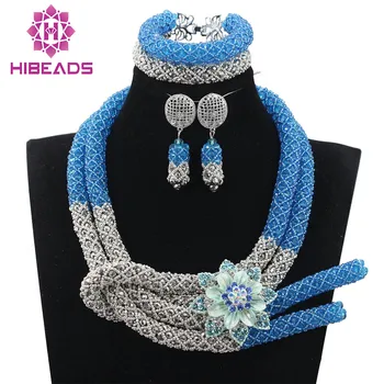 

African Inspired Wedding Jewelry Set for Brides Teal Blue/Silver Indian Fashion Costume Jewelry 2017 Free Shipping WD950